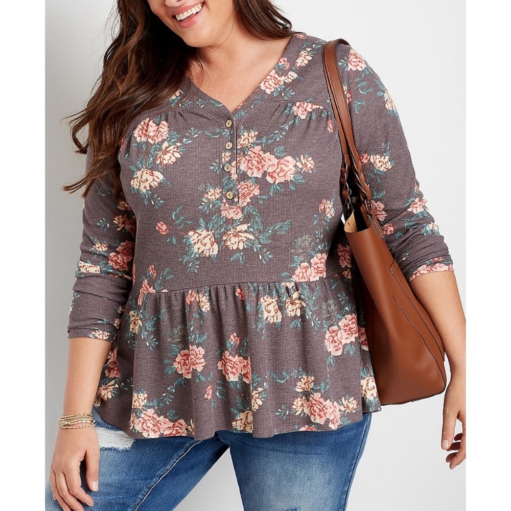Maurices Brown Floral Long Sleeve Henley Top